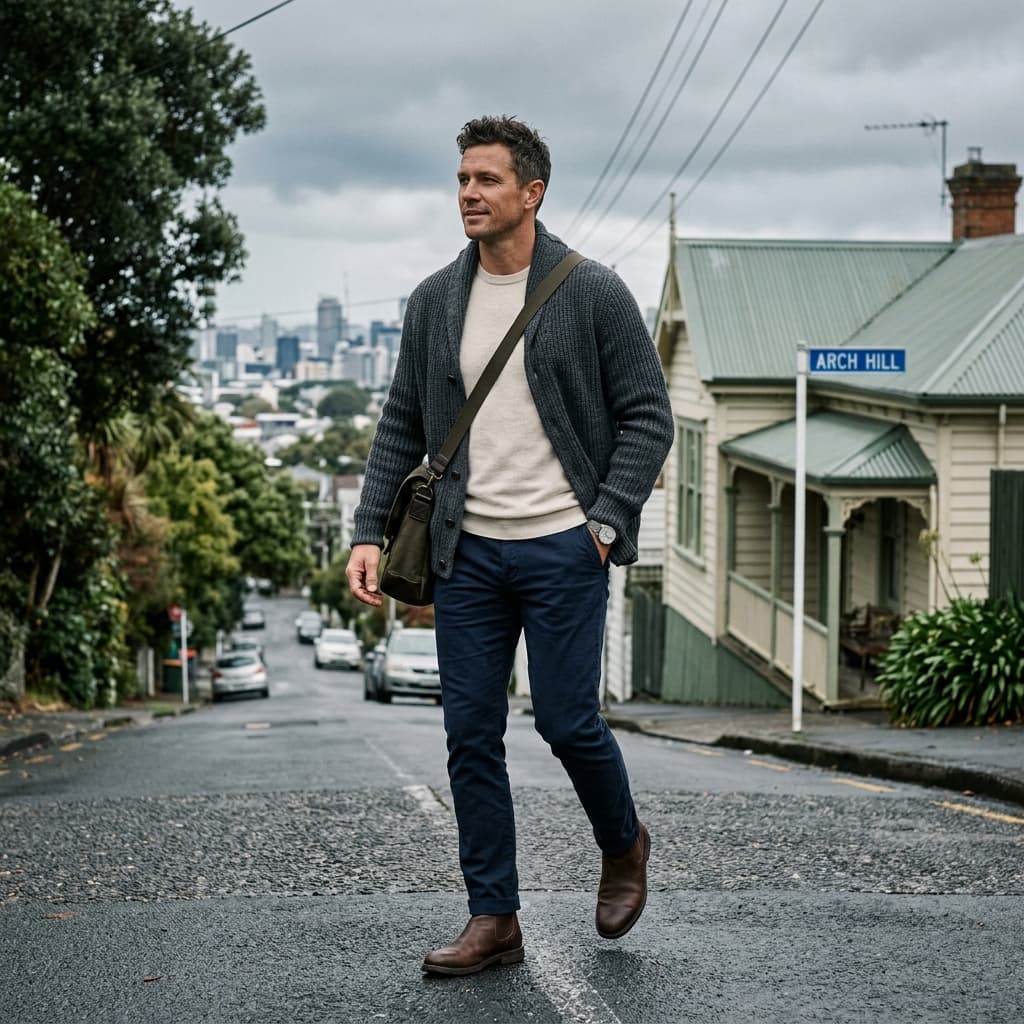 Charcoal Grey Ribbed Merino Wool Cardigan and Cream Cotton-cashmere Crewneck Sweater – Men's Smart Casual Outfit for Cool & Overcast in Arch Hill (#LEHD)