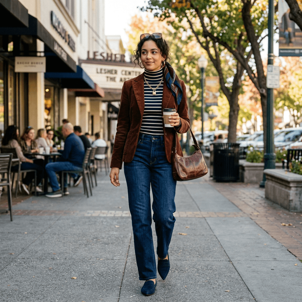An a a Semi-maximalist, Downtown, Chic Look, with 2000's Fashion Style, and Jeans with the Main Color Palate Being Mahogany, and Navy Blue Smart Casual Outfit for a Sunny Cool Day in March 2026 in Walnut Creek, California