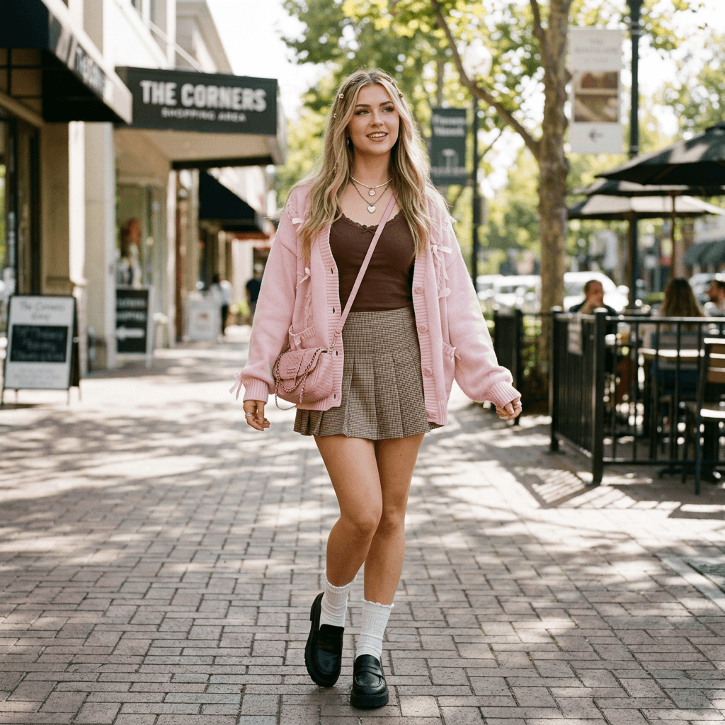 An a Coquette Type Of Outfit with Hints Of Gyaru Style Incorporated, with a Marin Kitagawa Look, and the Color Palate Of Pink and Brown. Casual Outfit for a Sunny Warm Day in March 2026 in Walnut Creek, California