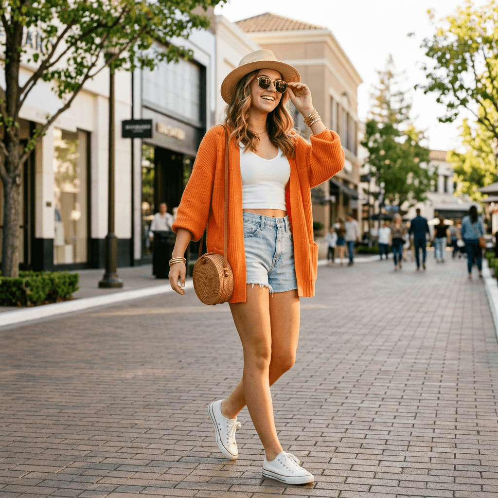 An a Pinterest Looking Beach Outfit for a Teen Girl, with the Main Color Being Orange, Cute Instagram Worthy Beach Outfit Outfit for a Sunny Cool Day in March 2026 in Walnut Creek, California
