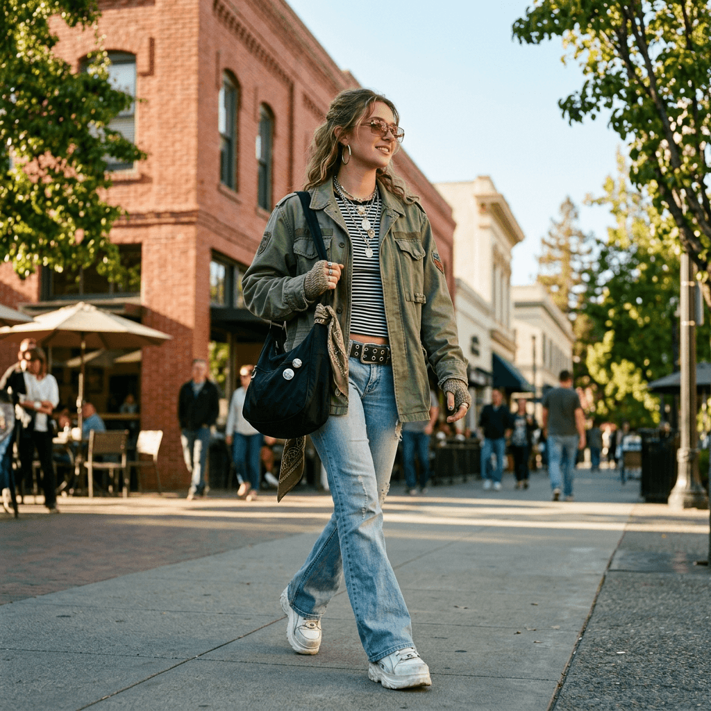 An a Semi-maximalist, Downtown, Chic Look, with 2000's Fashion Style, and Jeans Casual Outfit for a Sunny Cool Day in March 2026 in Walnut Creek, California