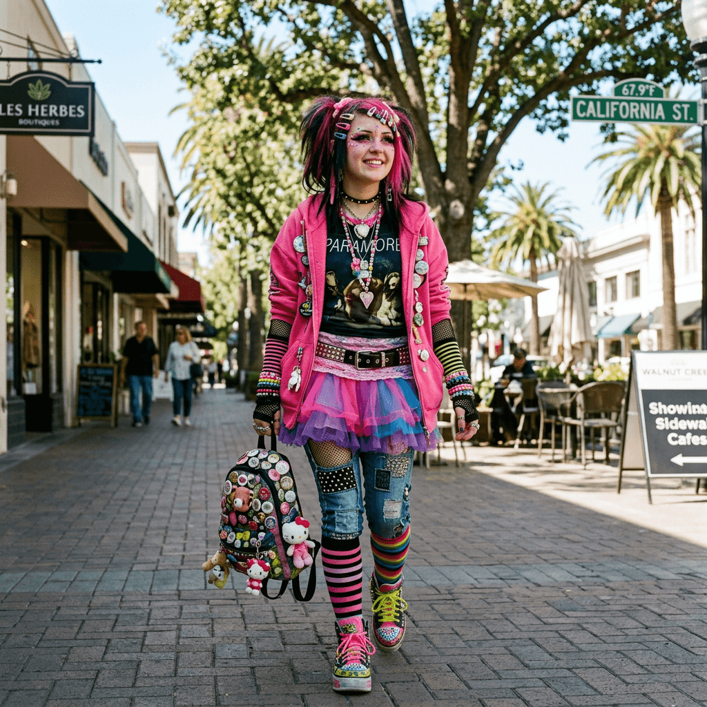 An a Super Maximalist Outfit in Decora, with Hints Of Scene Incorporated Cute Going Out Outfit Outfit for a Sunny Cool Day in March 2026 in Walnut Creek, California