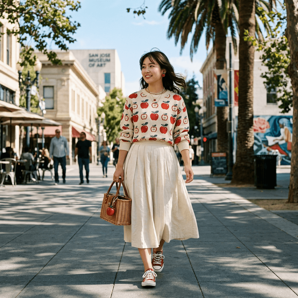 An Apple Themed J Fashion Casual Outfit for a Sunny Warm Day in March 2026 in San Jose, California