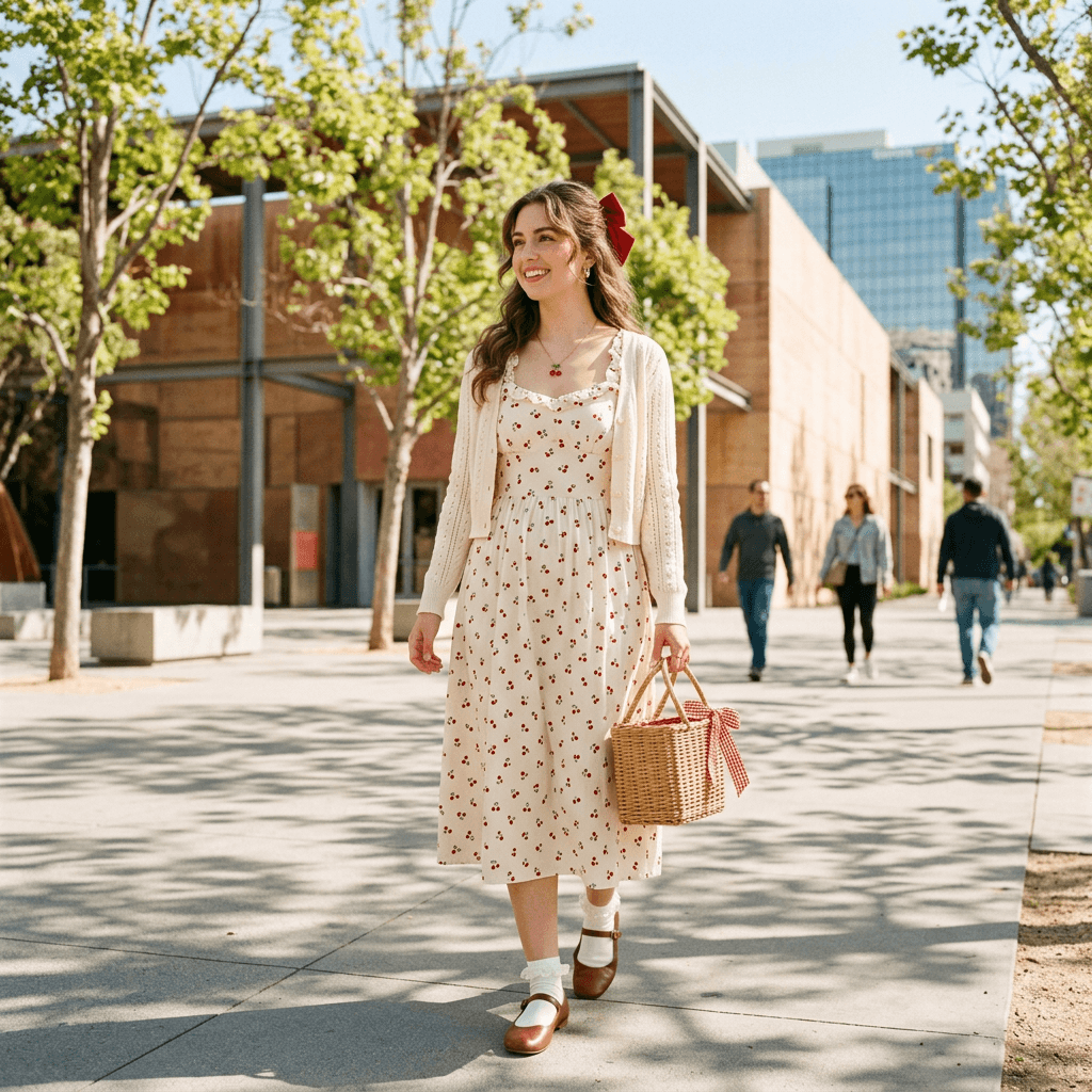 A Cherry Coquette Casual Outfit for a Sunny Cool Day in March 2026 in San Jose, California