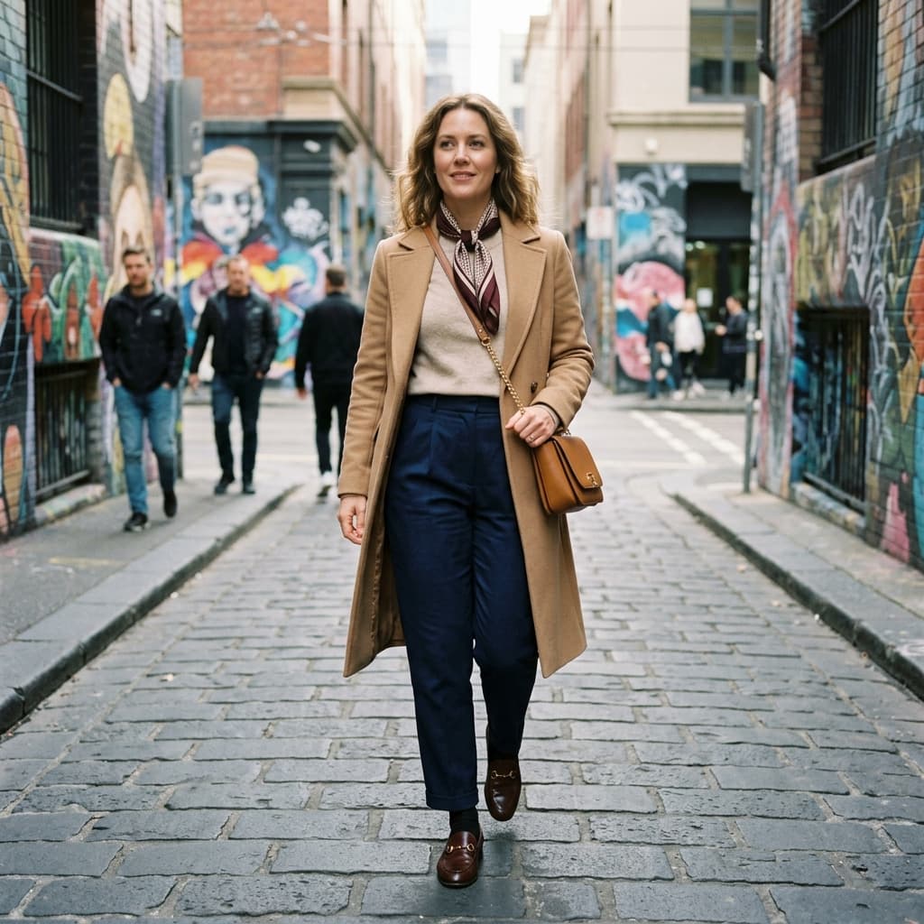 A Chic and Fashionable and Timeless Smart Casual Outfit for a Partly Cloudy Cool Day in August 2026 in Melbourne, Victoria