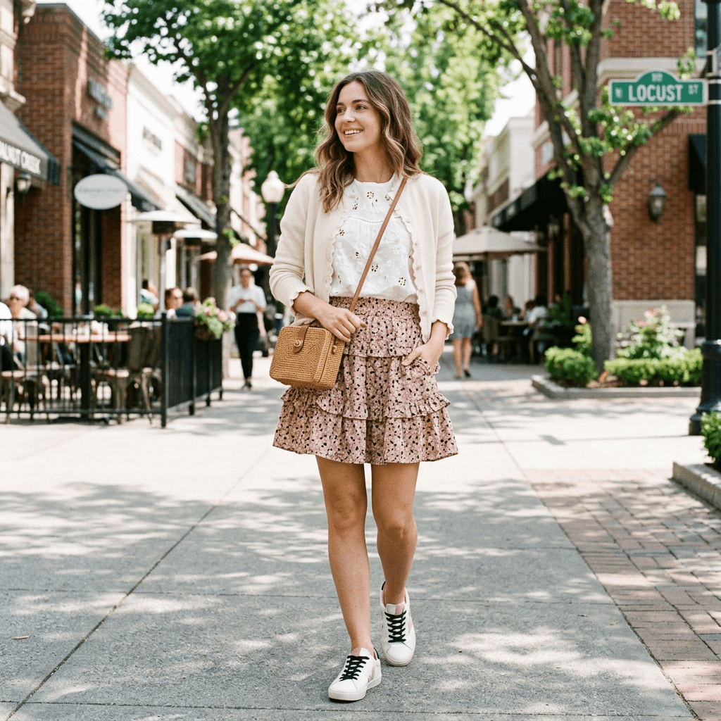 A Cute, Frilly, Instagram Worthy Outfit, with Brown, Pink, White and Black Casual Outfit for a Sunny Warm Day in March 2026 in Walnut Creek, California