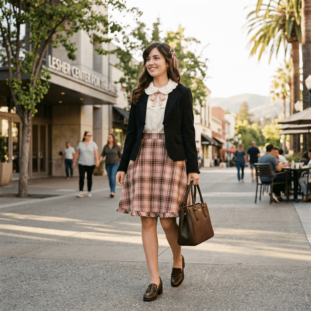A Cute Frilly, Outfit, Like an Anime Character, with the Color Palate Of Pink, Black, White, and Brown. Business Casual Outfit for a Sunny Warm Day in March 2026 in Walnut Creek, California