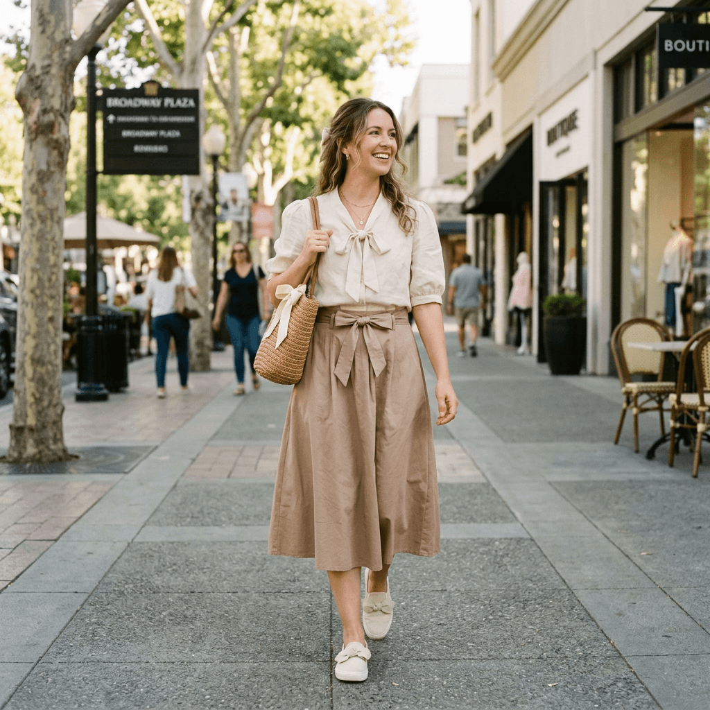A Cute, Neutral Colors, Bows Casual Outfit for a Sunny Warm Day in March 2026 in Walnut Creek, California