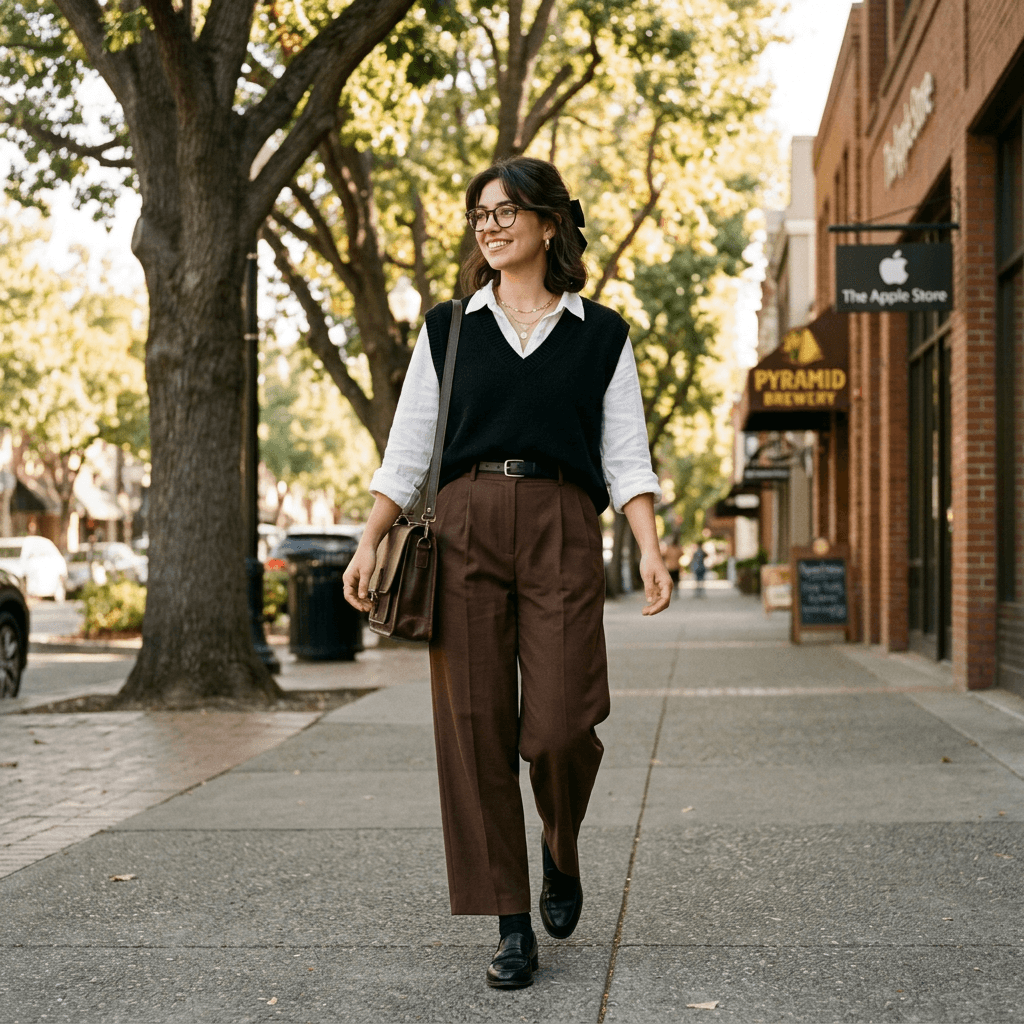 A Dark Academia, Cute Outfit, with Brown, White and Black As the Color Palette Business Casual Outfit for a Sunny Warm Day in March 2026 in Walnut Creek, California
