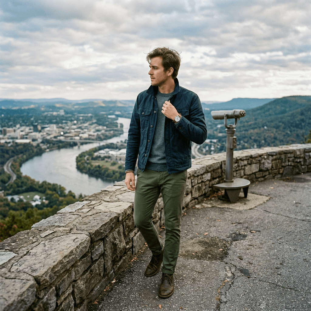 A Dinner Outside on Lookout Mountain Casual Outfit for a Partly Cloudy Cool Day in March 2026 in Chattanooga, Tennessee