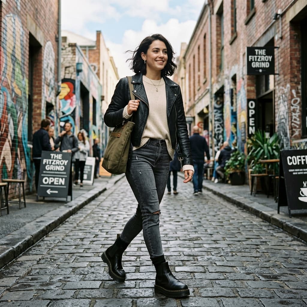 An Edgy, Cute, Approachable and Stylish Casual Outfit for a Partly Cloudy Cool Day in August 2026 in Melbourne, Victoria