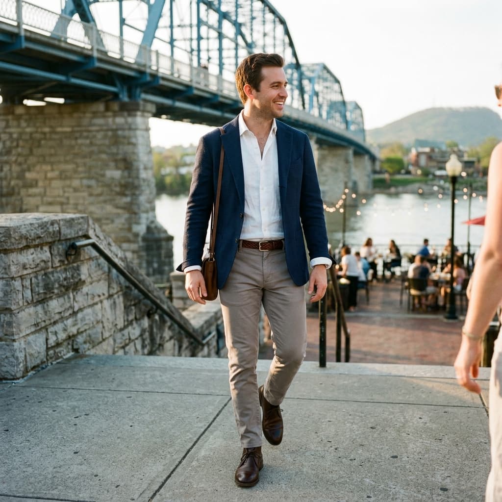 A First Day Of Spring Dinner Smart Casual Outfit for a Sunny Warm Day in March 2026 in Chattanooga, Tennessee