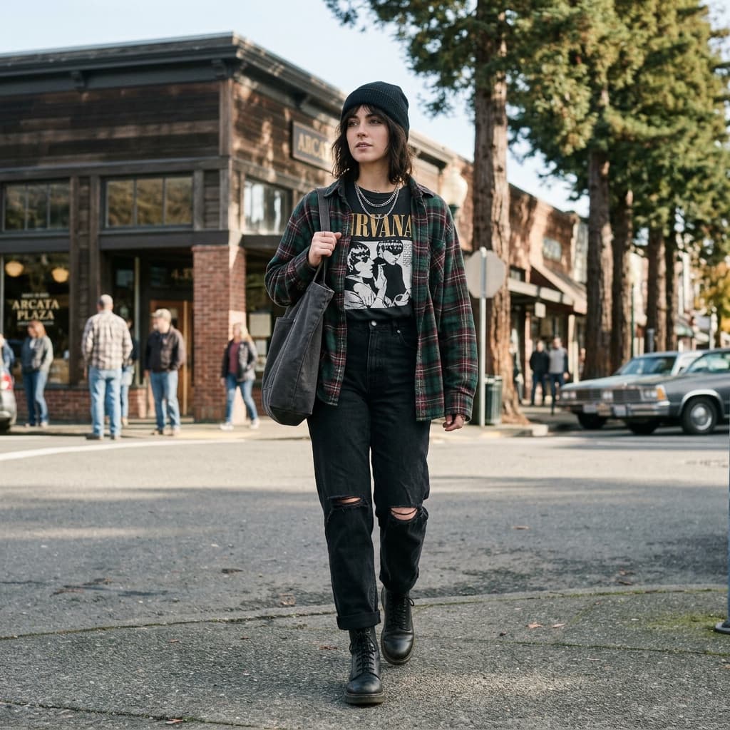 A Grunge Casual Outfit for a Sunny Cool Day in September 2026 in Arcata, California