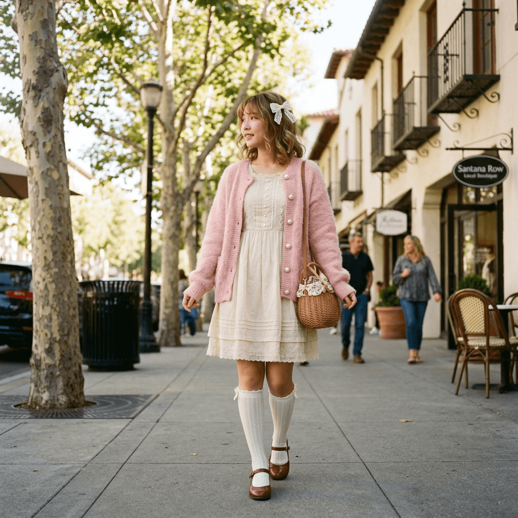 A Himekaji Cute Vintage Cute Outfit for a Sunny Cool Day in March 2026 in San Jose, California