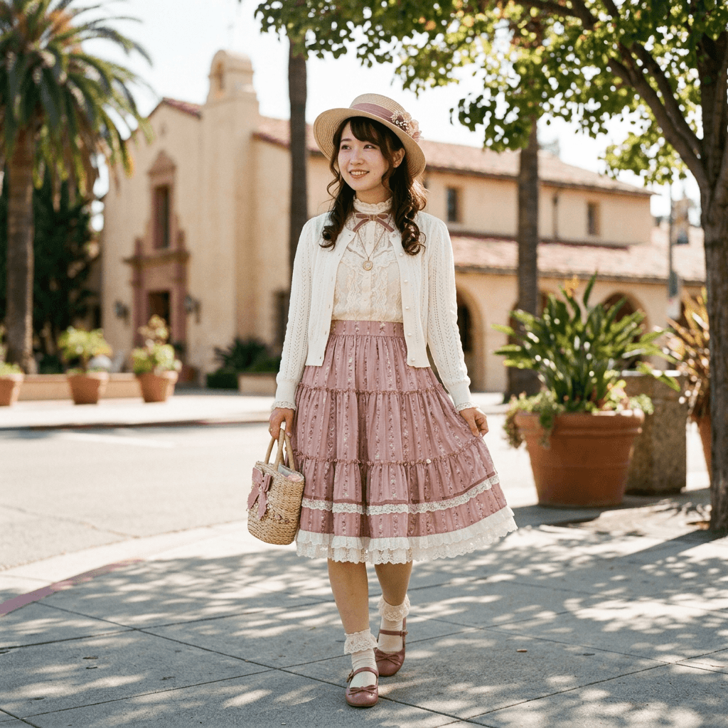 A Himekaji Vintage Cute Coquette J Fashion Cute Outfit for a Sunny Warm Day in March 2026 in San Jose, California