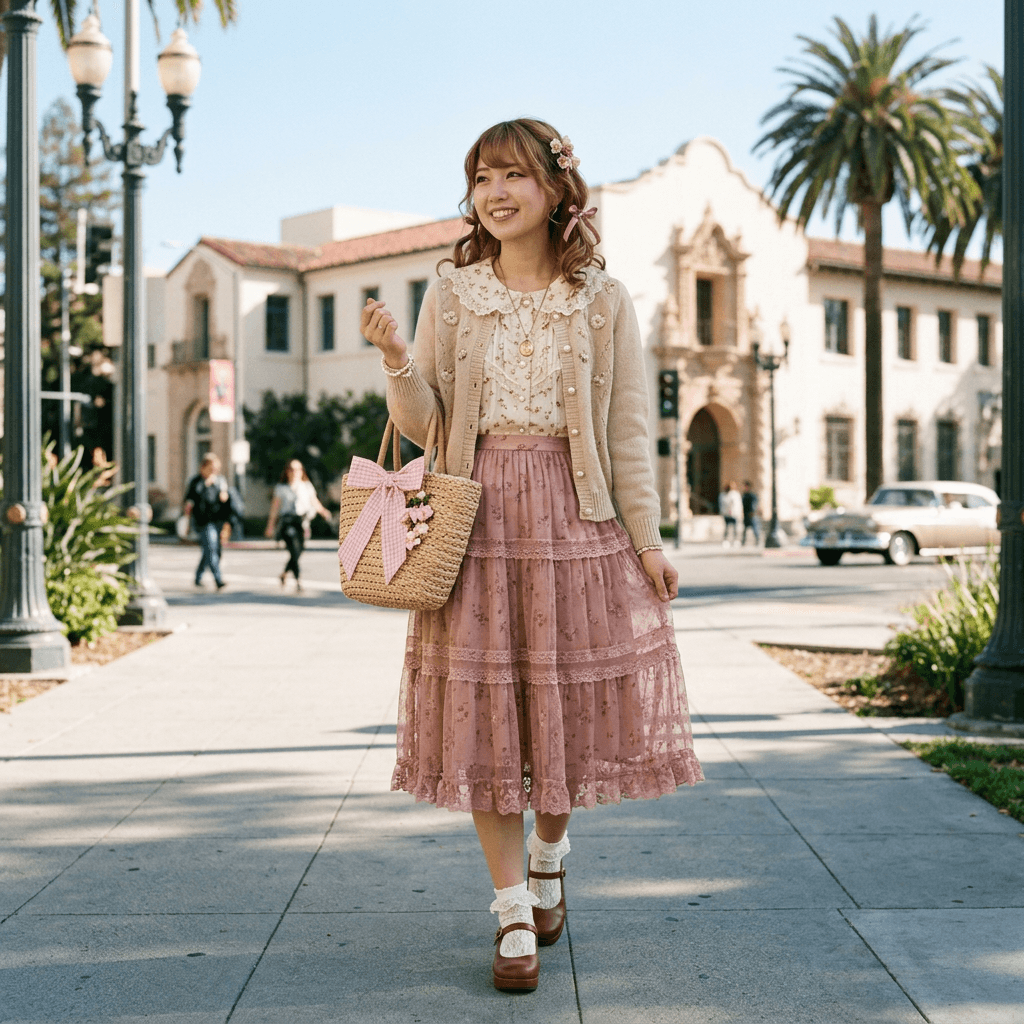 A Himekaji Vintage Cute J Fashion Outfit for a Sunny Warm Day in March 2026 in San Jose, California