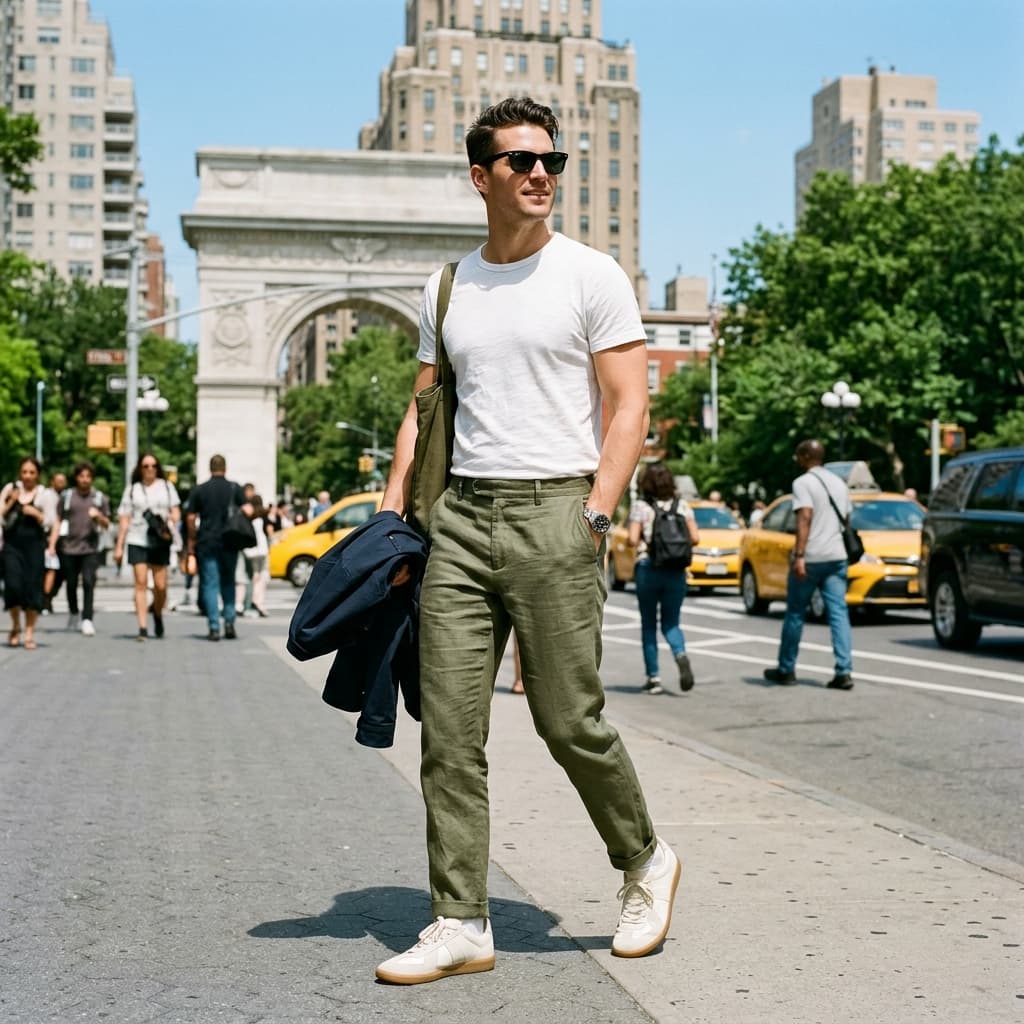 Olive Green Linen-blend Straight-leg Trousers and White Slub Cotton Crewneck Tee – Men's Casual Outfit for Warm & Sunny in New York City (#FW5T)