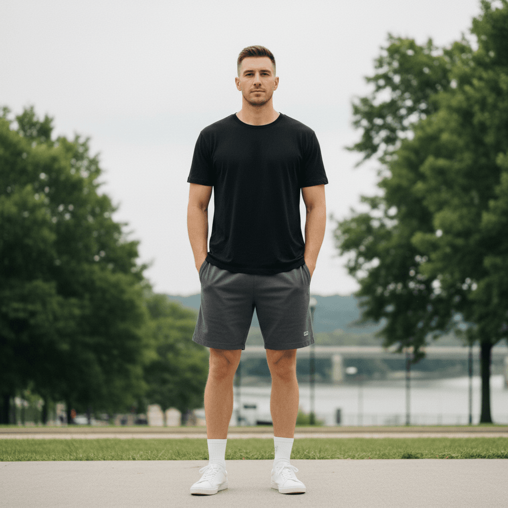 Given the 90°F overcast weather in Chattanooga, the adapted outfit maintains the comfortable, minimalist vibe of the inspiration. The black t-shirt is replaced with a slightly looser, breathable black cotton tee, suitable for warm weather. The dark gray shorts are adapted to a slightly lighter shade of charcoal athletic shorts, offering comfort and breathability while preserving the dark bottom aesthetic.
b.