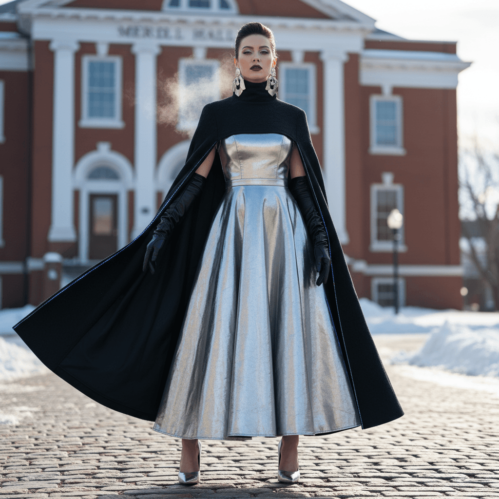 Metallic Silver A-line Gown and Black Insulated Cape – Women's Sci Fi Outfit for Freezing & Sunny in West Farmington (#XWZW)