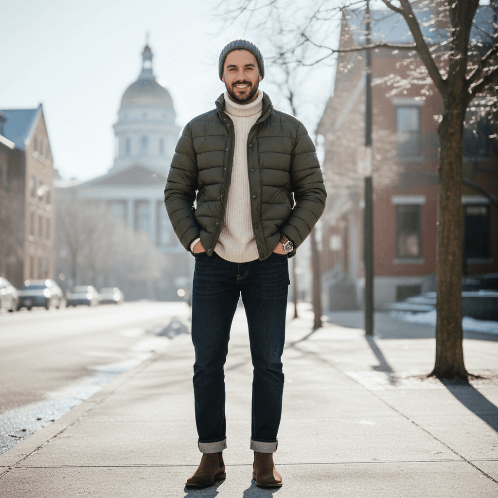A Casual Outfit for a Sunny Freezing Day in March 2026 in Newton, Massachusetts