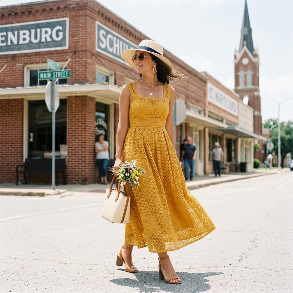A Midi to Floor Length Dresses and Suits Are Preferred. Colors Are Encouraged, As the Bridesmaids Will Be Wearing Brown. Formal Outfit for a Sunny Hot Day in Schulenburg, Texas
