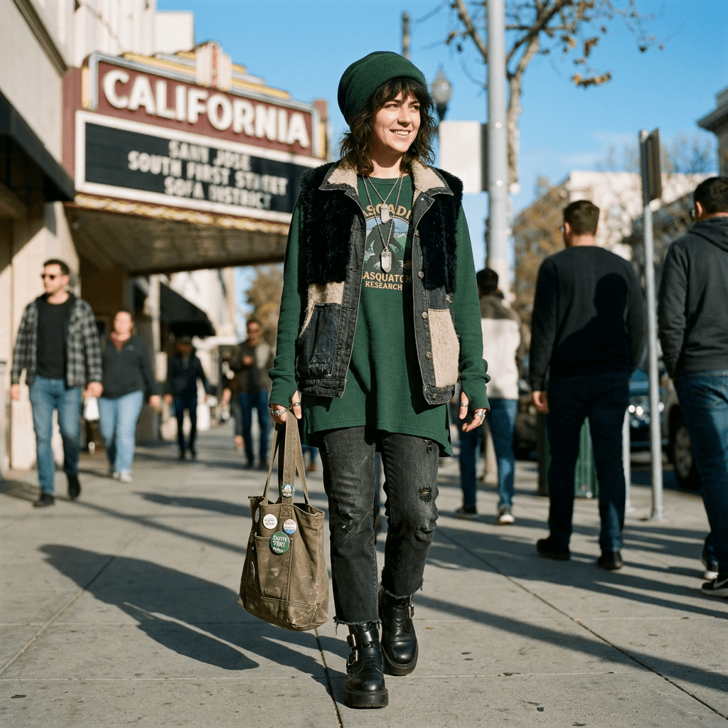 A Sasquatch Goth Liberal Casual Outfit for a Sunny Cool Day in March 2026 in San Jose, California