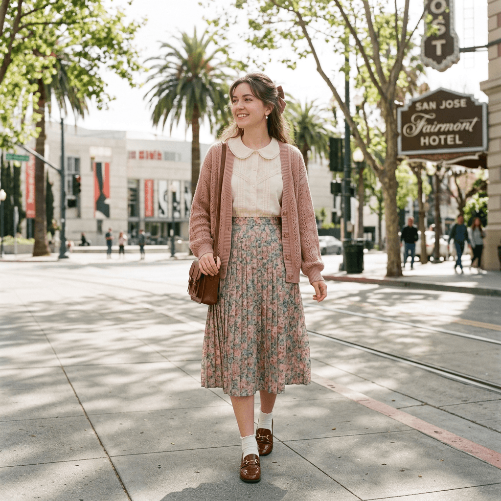 A Vintage Coquette Casual Outfit for a Sunny Cool Day in March 2026 in San Jose, California