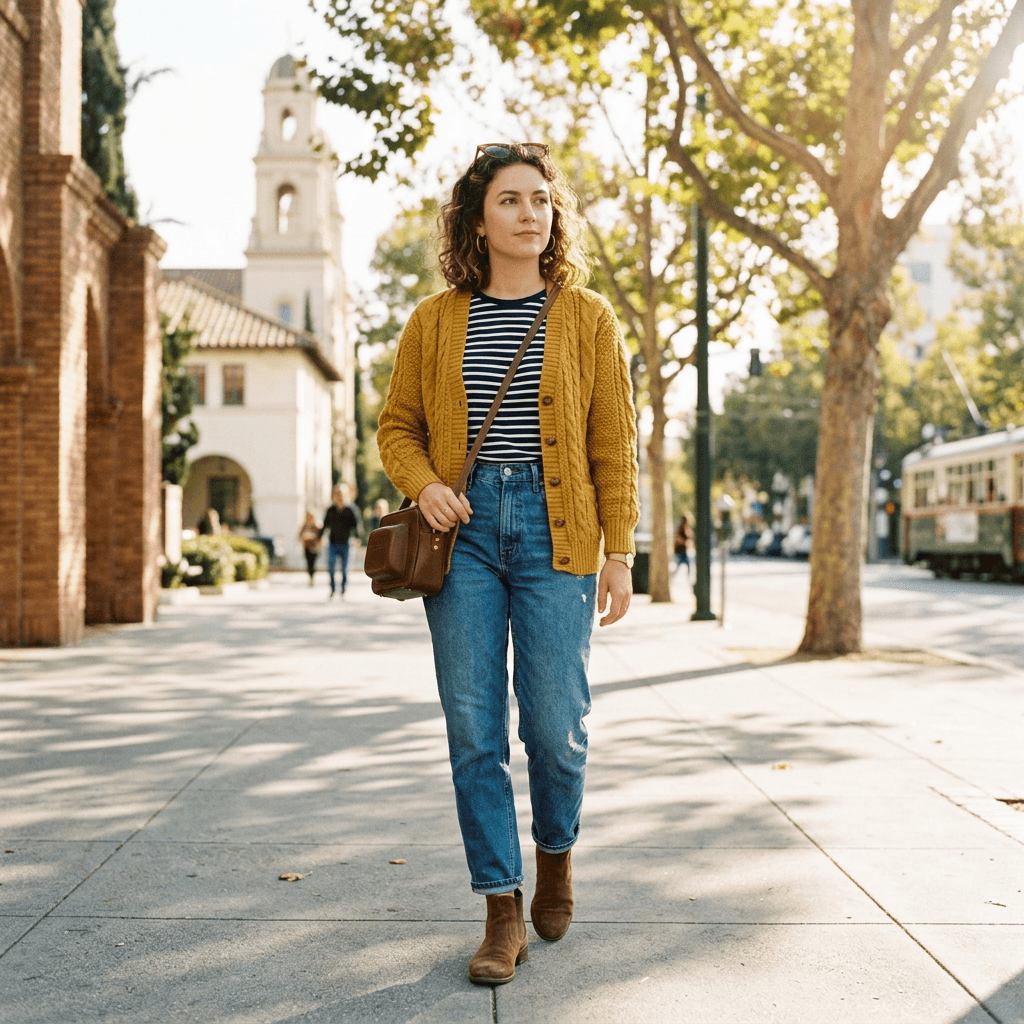A Vintage Casual Outfit for a Sunny Cool Day in March 2026 in San Jose, California