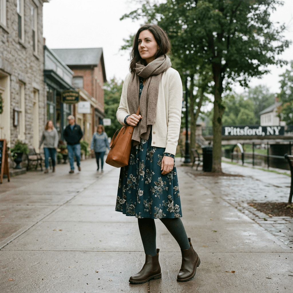 A Wedding Resort Casual Outfit for an Overcast Chilly Day in March 2026 in Pittsford, New York