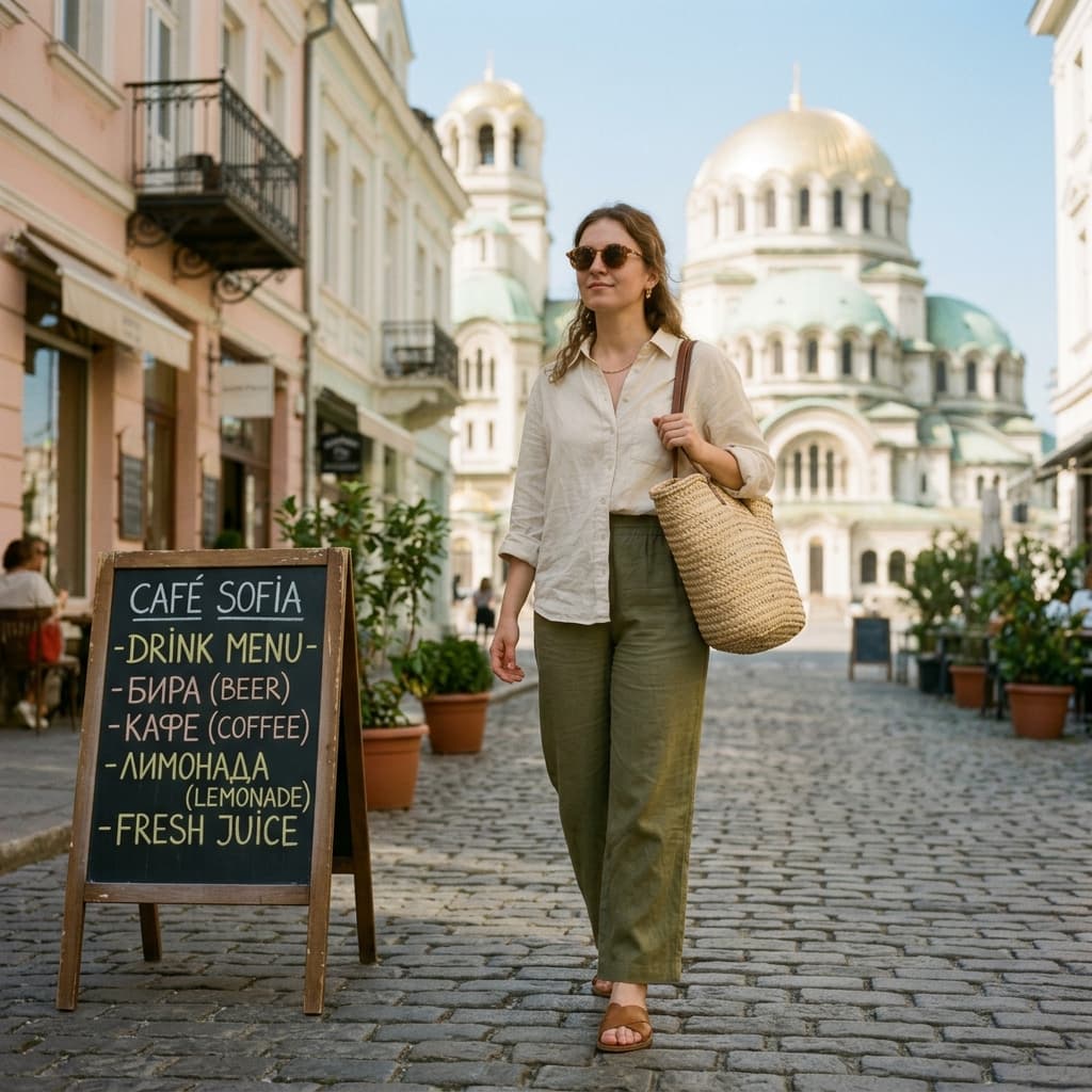 Cream Linen Button-down Shirt and Olive Green High-waisted Wide-leg Cotton Trousers – Women's Casual Outfit for Warm & Sunny in София (#DJWT)
