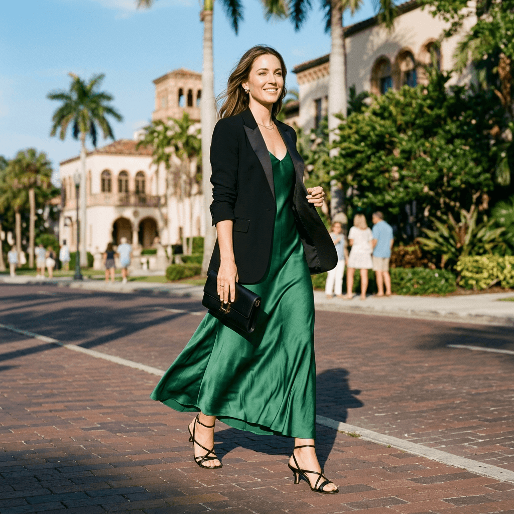 A Black Tie Optional Outfit for a Sunny Warm Day in March 2026 in Sarasota, Florida
